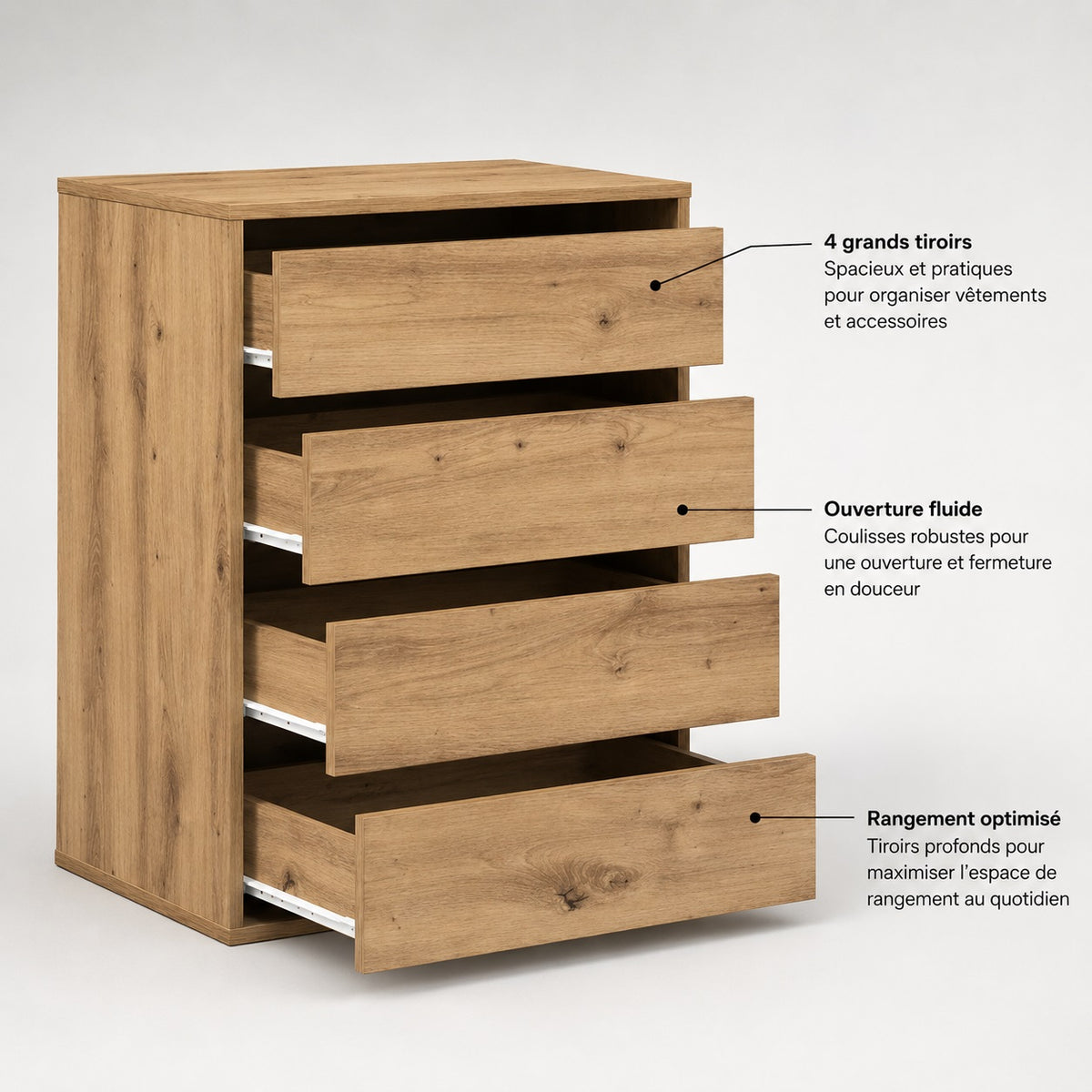 Commode en bois 4 tiroirs avec grands rangements, coulisses fluides et ouverture pratique.