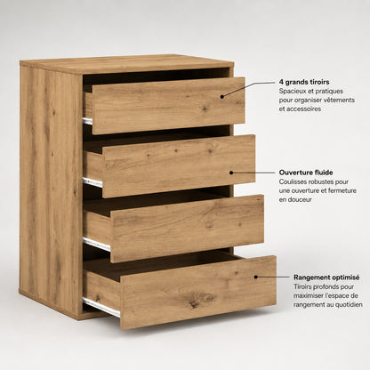 Commode en bois 4 tiroirs avec grands rangements, coulisses fluides et ouverture pratique.
