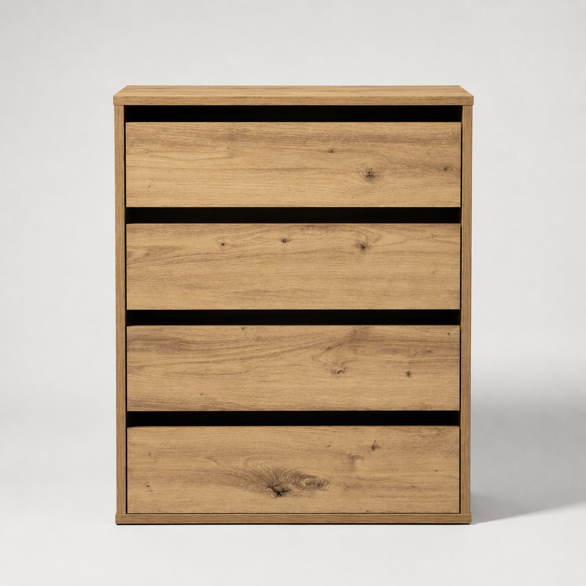 Commode en bois 4 tiroirs finition chêne artisanal, façade moderne et lignes épurées.