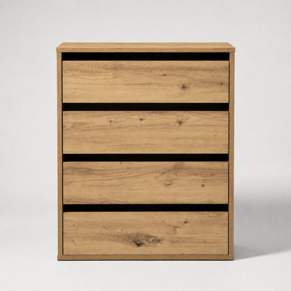 Commode en bois 4 tiroirs finition chêne artisanal, façade moderne et lignes épurées.