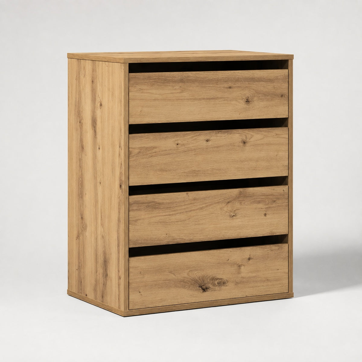 Commode en bois 4 tiroirs finition chêne artisanal, design moderne avec rangements spacieux.