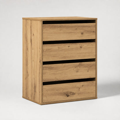 Commode en bois 4 tiroirs finition chêne artisanal, design moderne avec rangements spacieux.