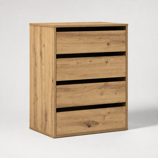 Commode en bois 4 tiroirs finition chêne artisanal, design moderne avec rangements spacieux.