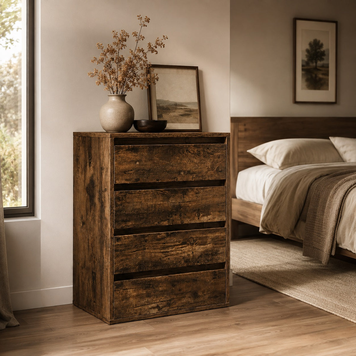 Commode en bois 4 tiroirs finition chêne fumé dans une chambre élégante au style contemporain.