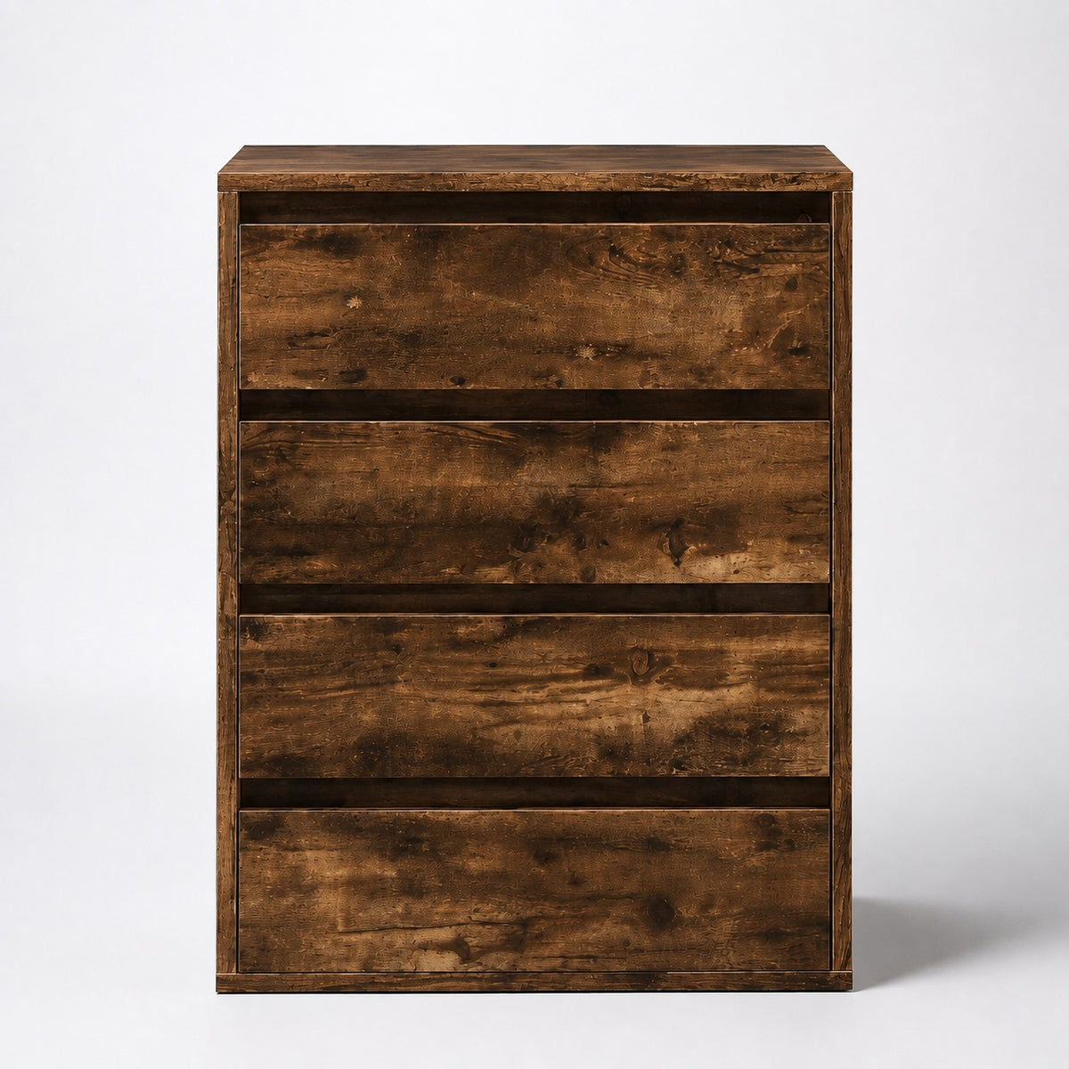 Commode en bois 4 tiroirs finition chêne fumé, design moderne et grand espace de rangement.