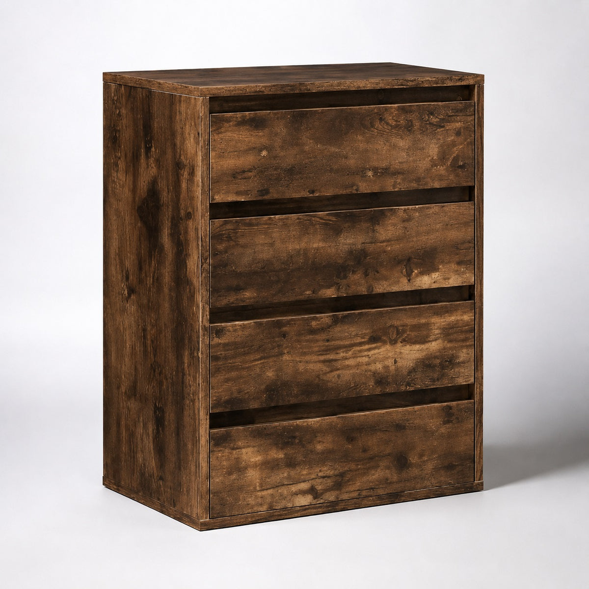 Commode en bois 4 tiroirs finition chêne fumé, design moderne et grand espace de rangement.