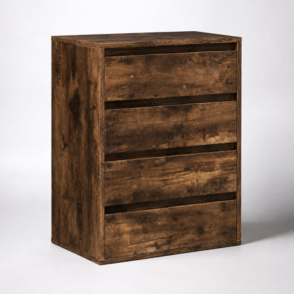 Commode en bois 4 tiroirs finition chêne fumé, design moderne et grand espace de rangement.