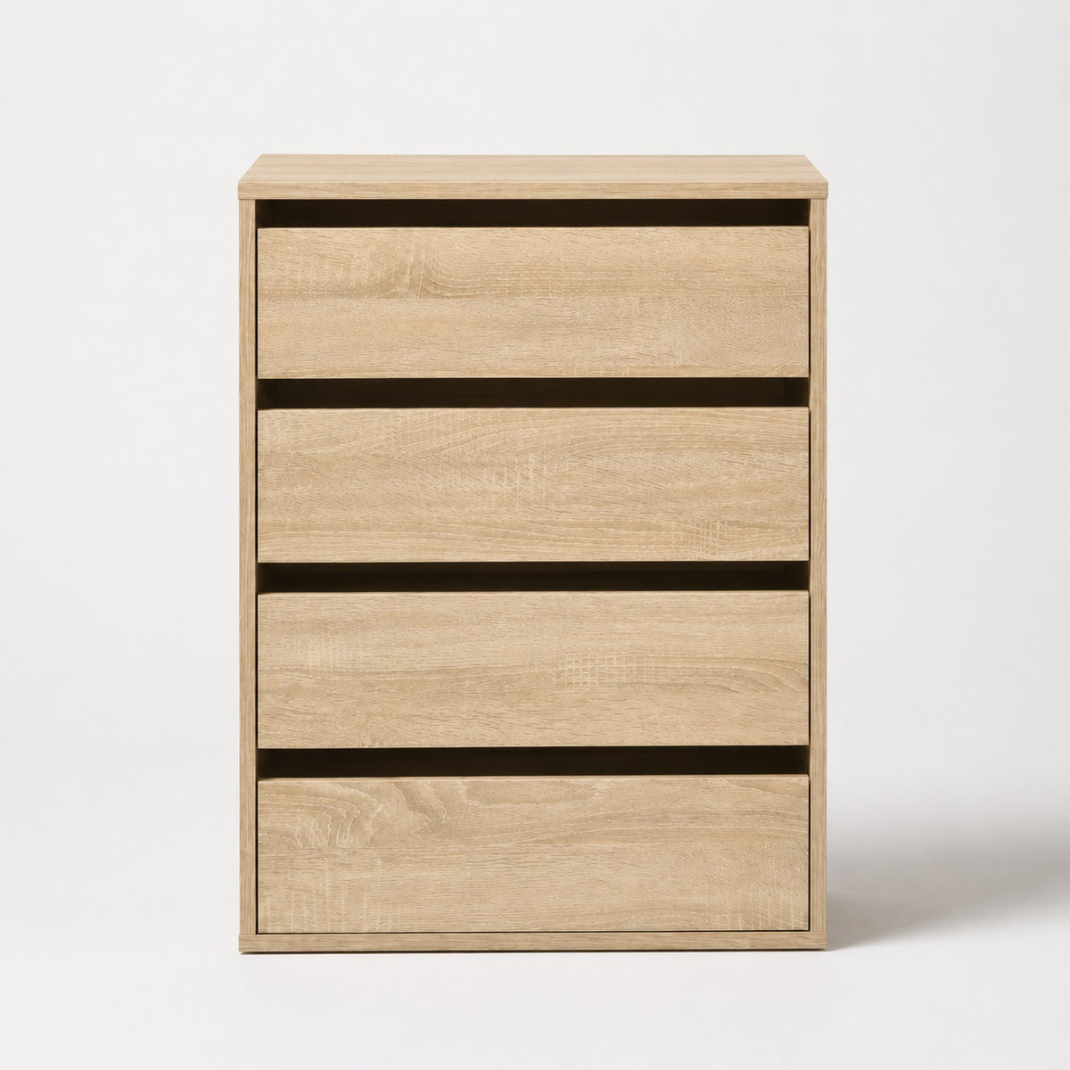 Commode en bois 4 tiroirs finition chêne Sonoma avec façade sobre et lignes contemporaines.