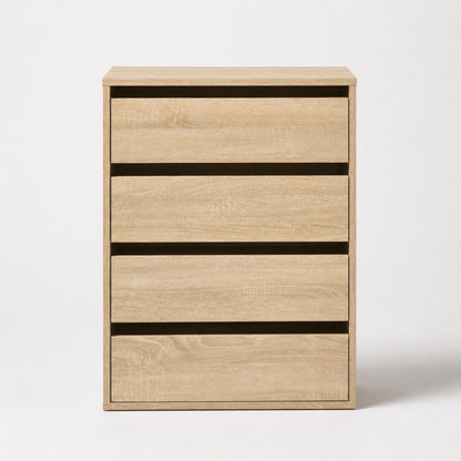 Commode en bois 4 tiroirs finition chêne Sonoma avec façade sobre et lignes contemporaines.