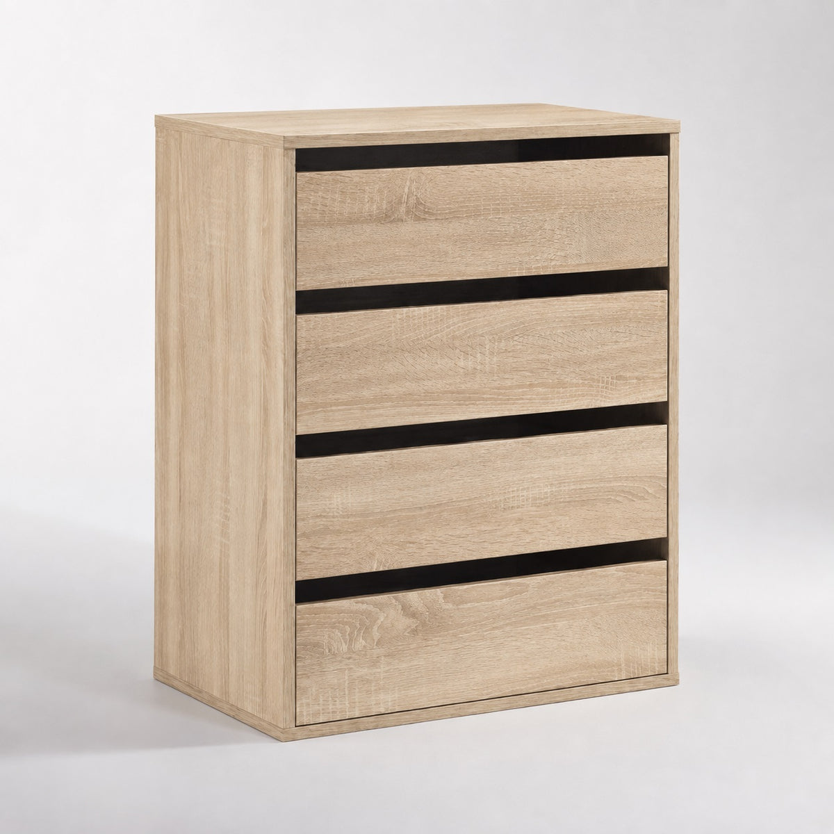 Commode en bois 4 tiroirs finition chêne Sonoma, design épuré et rangement pratique.