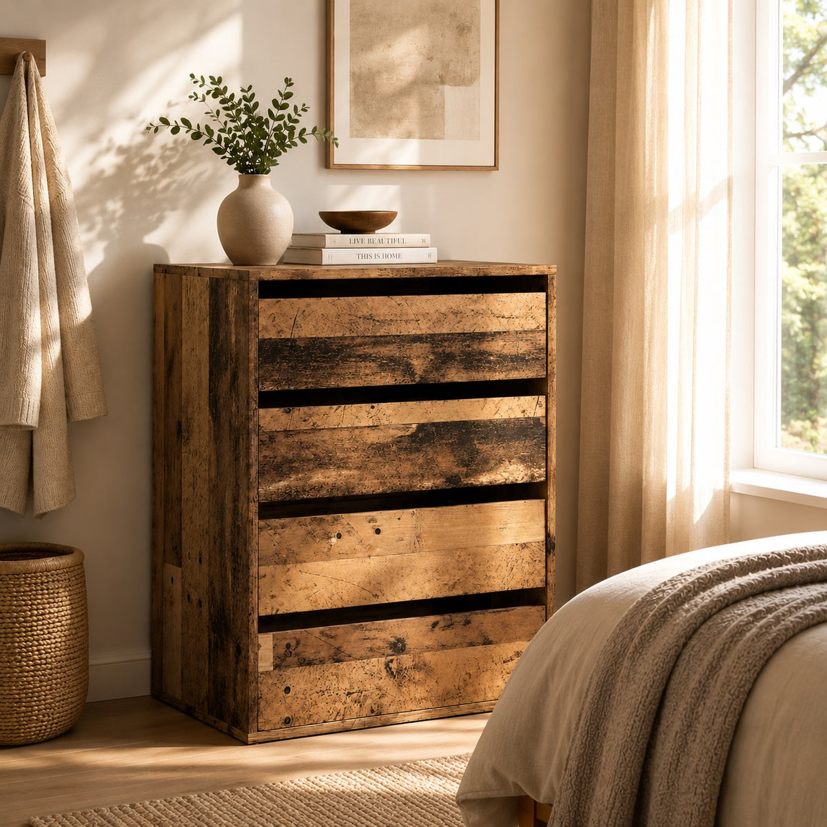 Commode en bois 4 tiroirs finition vieux bois dans une chambre chaleureuse au style naturel.