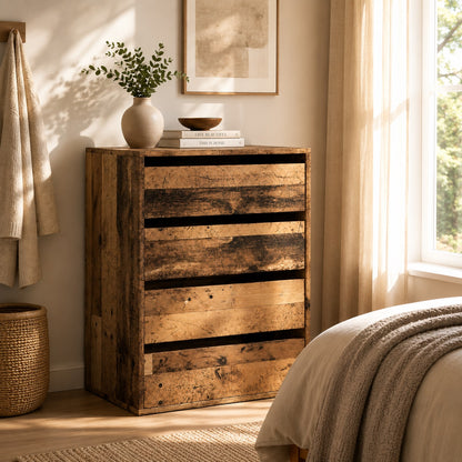 Commode en bois 4 tiroirs finition vieux bois dans une chambre chaleureuse au style naturel.