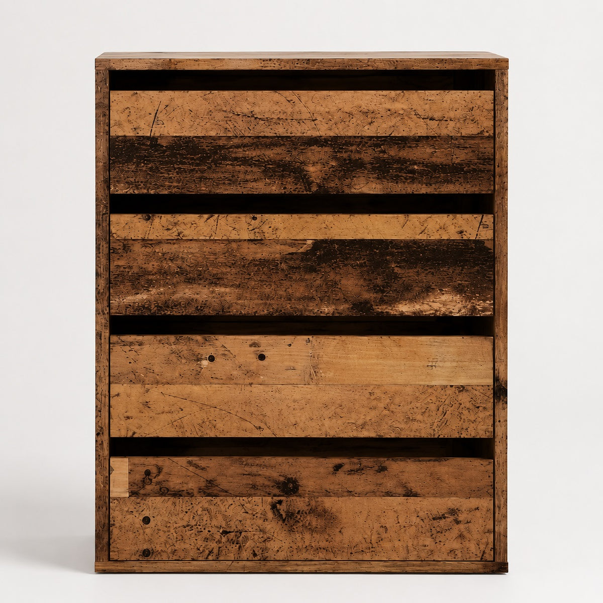 Commode en bois 4 tiroirs finition vieux bois avec façade originale et design contemporain.