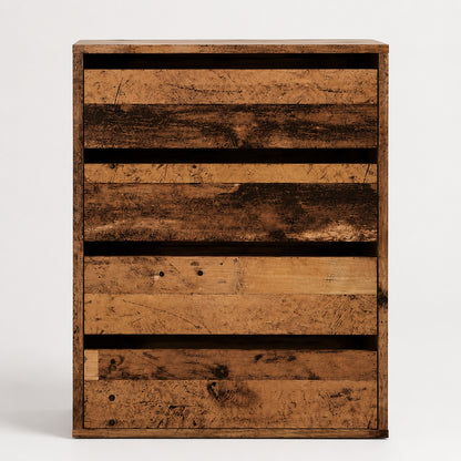 Commode en bois 4 tiroirs finition vieux bois avec façade originale et design contemporain.