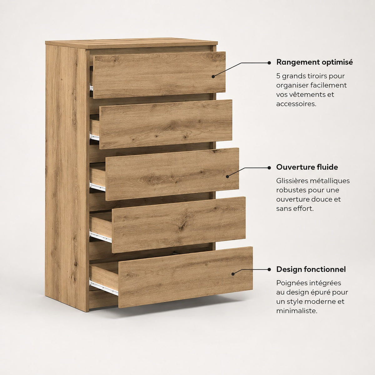 Commode en bois 5 tiroirs avec grands rangements, glissières métalliques et poignées intégrées.