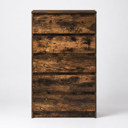 Commode en bois 5 tiroirs finition chêne fumé avec façade moderne et grand espace de rangement.