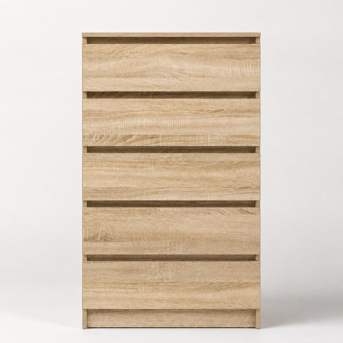 Commode en bois 5 tiroirs finition chêne sonoma avec design minimaliste et rangement pratique.