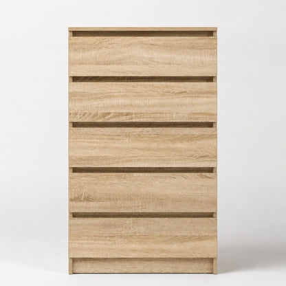 Commode en bois 5 tiroirs finition chêne sonoma avec design minimaliste et rangement pratique.