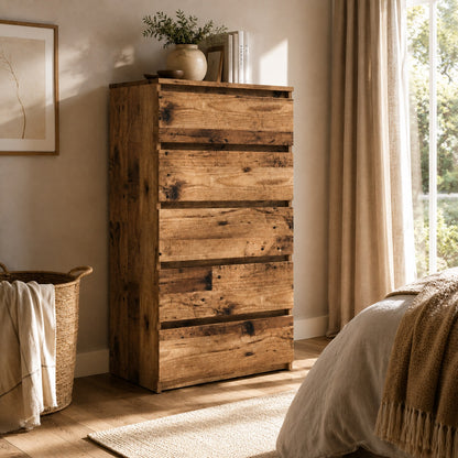 Commode en bois 5 tiroirs finition vieux bois dans une chambre au style naturel et chaleureux.