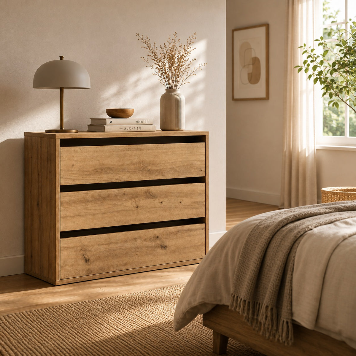 Commode en bois Briska, commode 3 tiroirs dans une chambre moderne au style chaleureux et naturel.