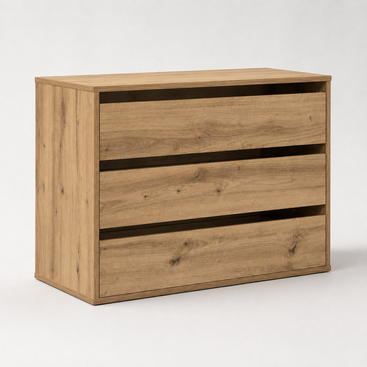 Commode en bois Briska, commode 3 tiroirs au design moderne avec finition chêne naturel pour chambre élégante.