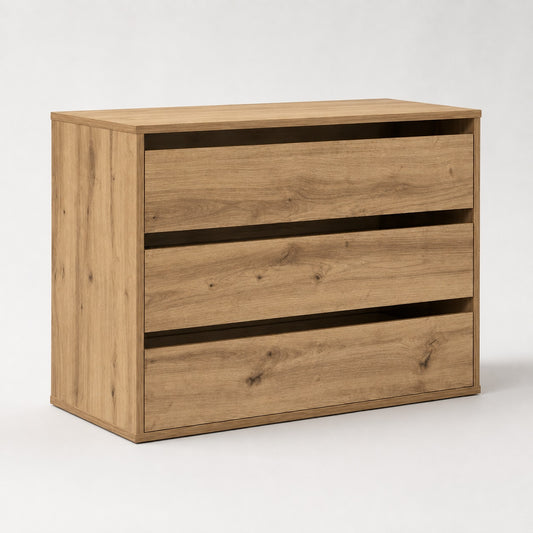 Commode en bois Briska, commode 3 tiroirs au design moderne avec finition chêne naturel pour chambre élégante.