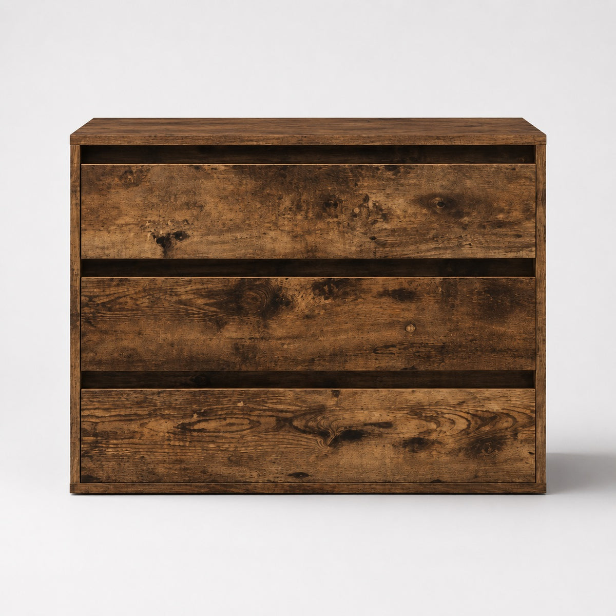 Commode en bois Briska, commode 3 tiroirs finition chêne fumé au design moderne et épuré.