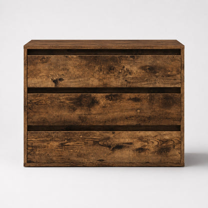 Commode en bois Briska, commode 3 tiroirs finition chêne fumé au design moderne et épuré.