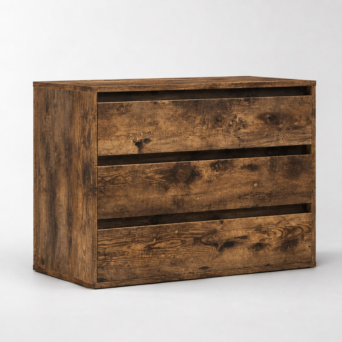 Commode en bois Briska finition chêne fumé, commode 3 tiroirs au style authentique et contemporain.