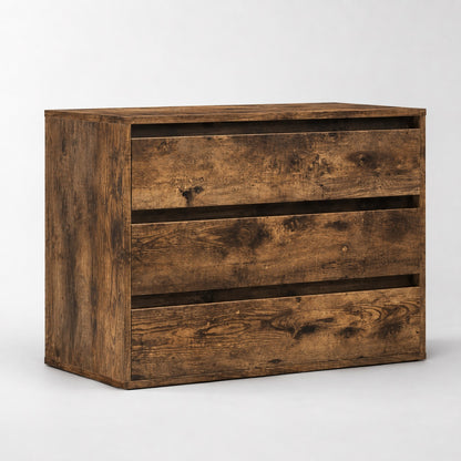 Commode en bois Briska finition chêne fumé, commode 3 tiroirs au style authentique et contemporain.