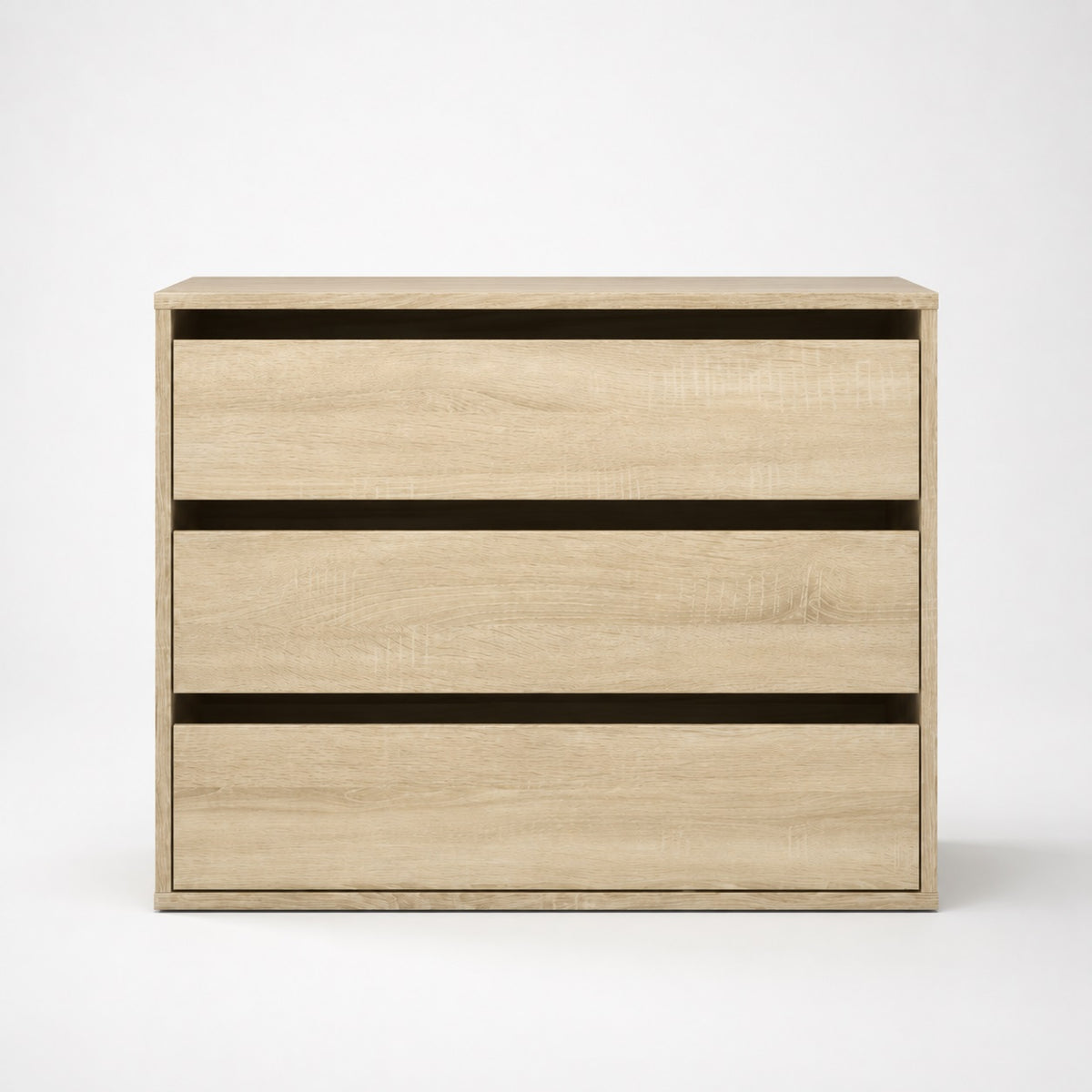 Commode en bois Briska, commode 3 tiroirs finition chêne Sonoma avec lignes minimalistes.