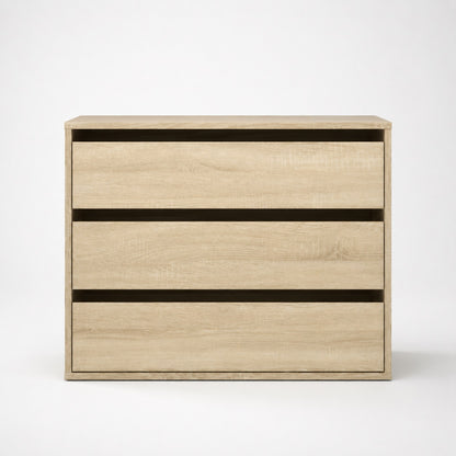Commode en bois Briska, commode 3 tiroirs finition chêne Sonoma avec lignes minimalistes.