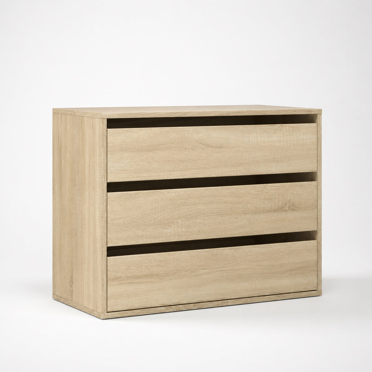 Commode en bois Briska, commode 3 tiroirs finition chêne Sonoma pour chambre moderne et lumineuse.