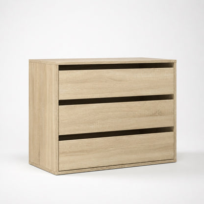 Commode en bois Briska, commode 3 tiroirs finition chêne Sonoma pour chambre moderne et lumineuse.