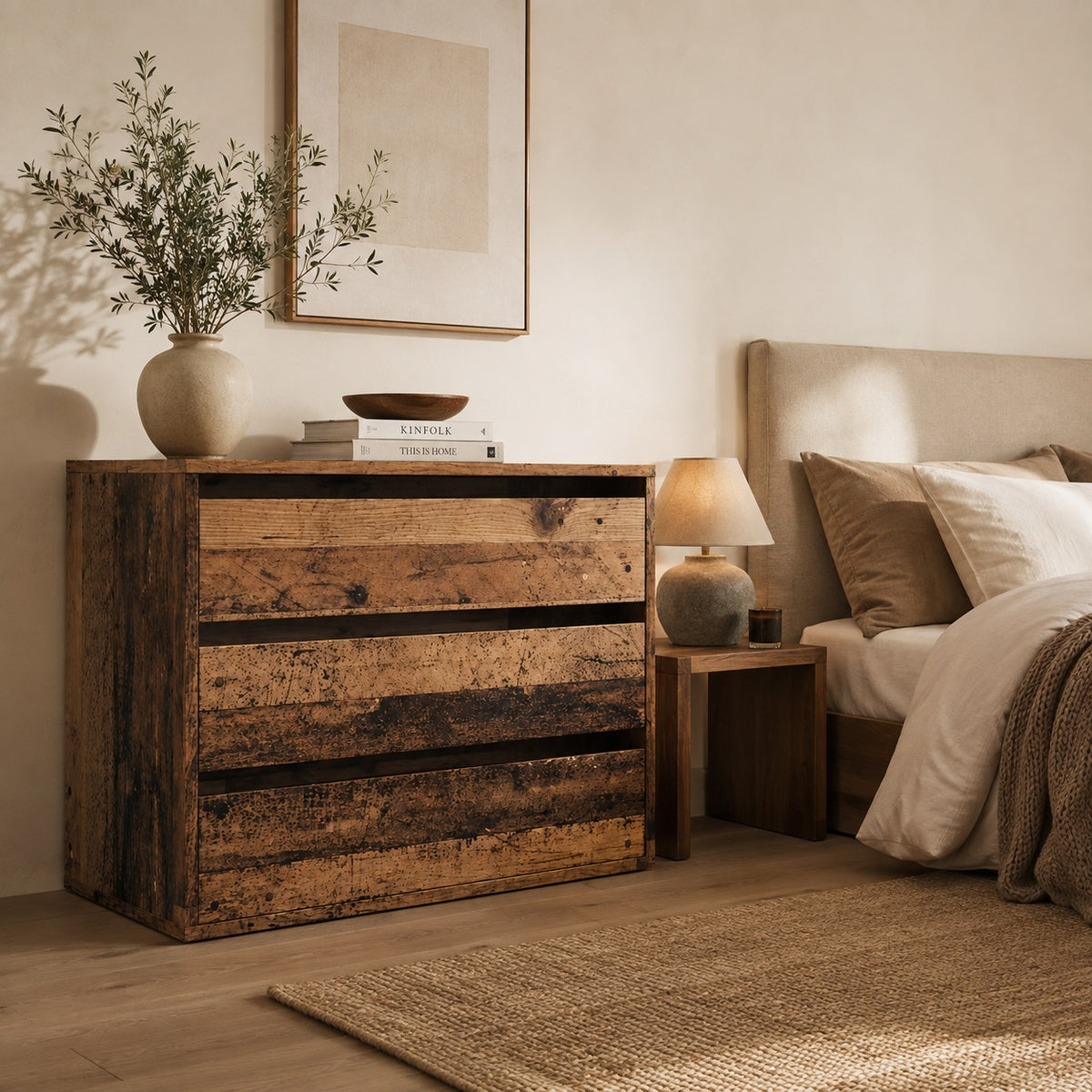 Commode en bois Briska, commode 3 tiroirs finition vieux bois dans une chambre au charme naturel.