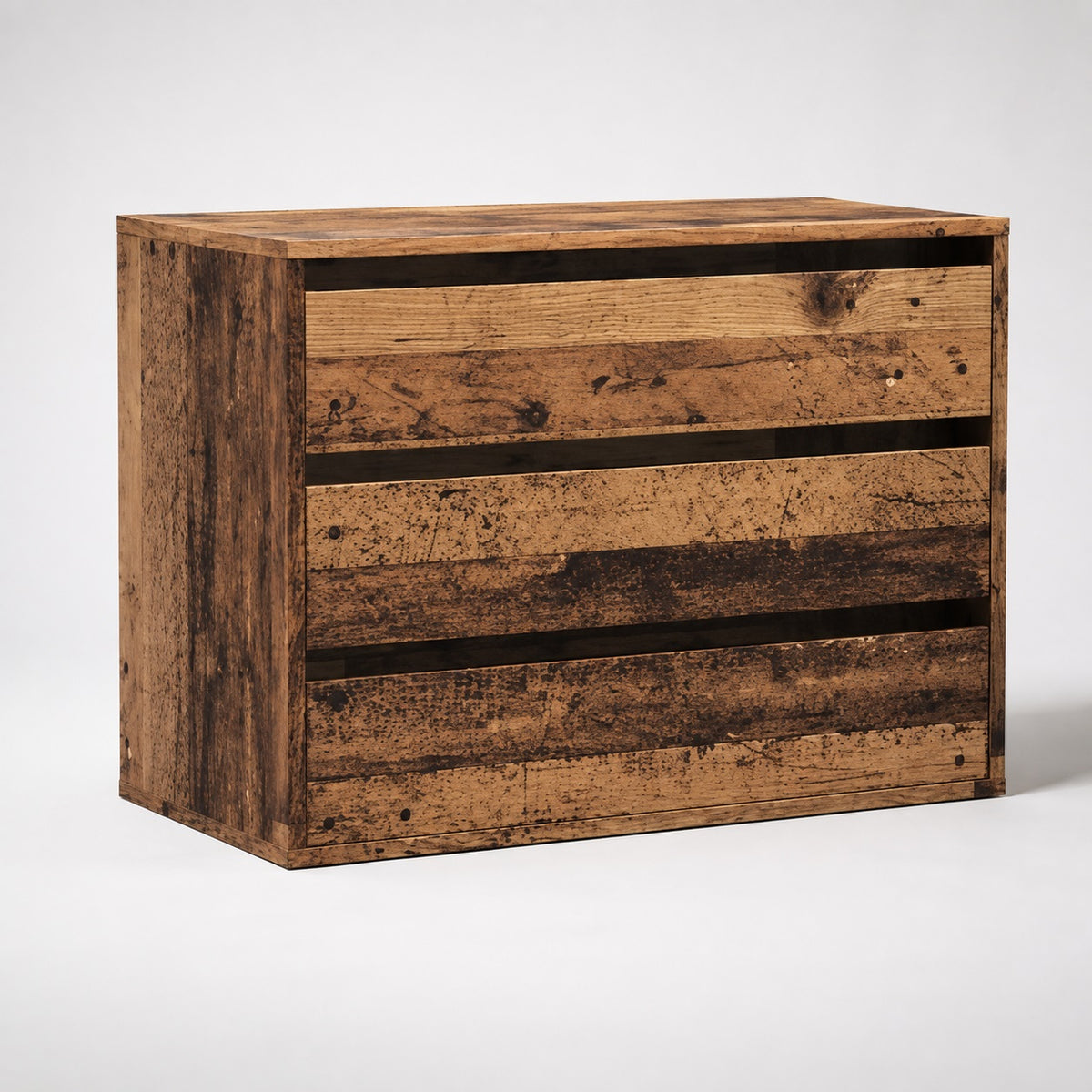 Commode en bois Briska, commode 3 tiroirs finition vieux bois au style rustique et authentique.