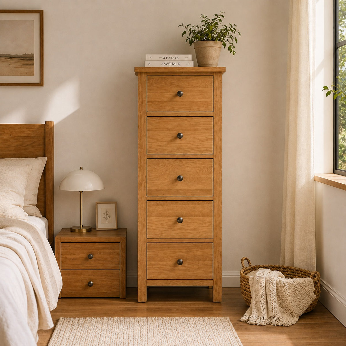Commode 5 tiroirs en bois vue de face dans une chambre lumineuse, idéale pour ranger vêtements et accessoires.