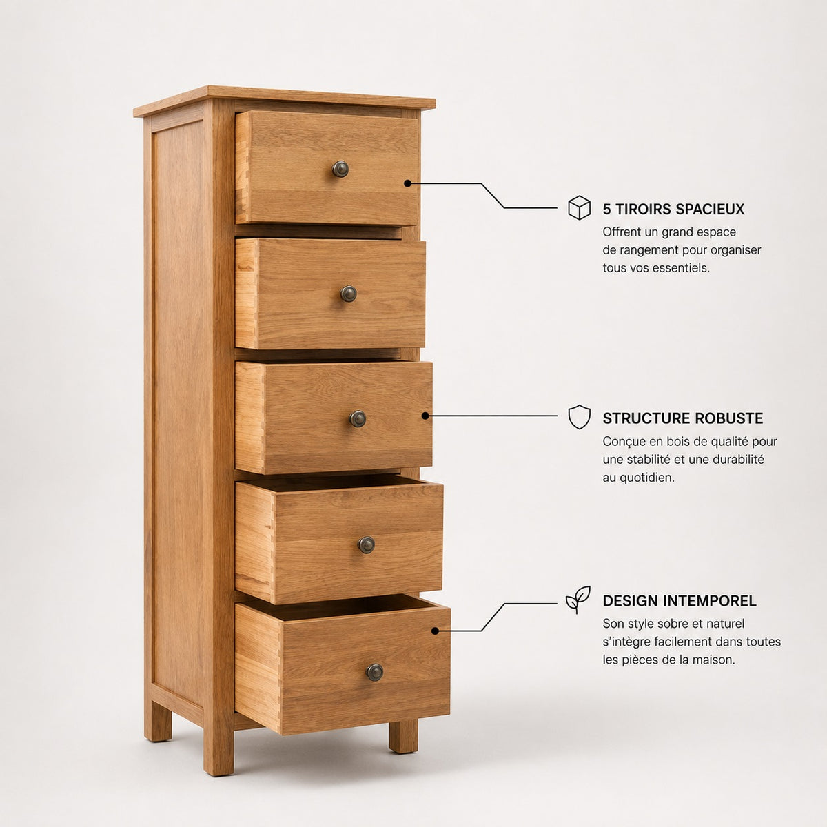 Commode 5 tiroirs en bois avec grands rangements, structure robuste et design naturel intemporel.