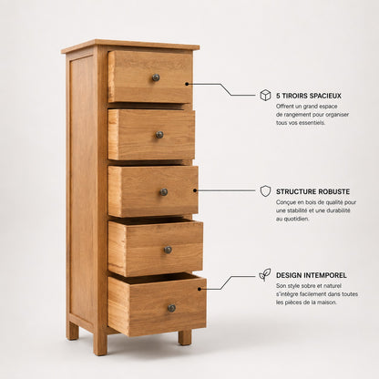 Commode 5 tiroirs en bois avec grands rangements, structure robuste et design naturel intemporel.