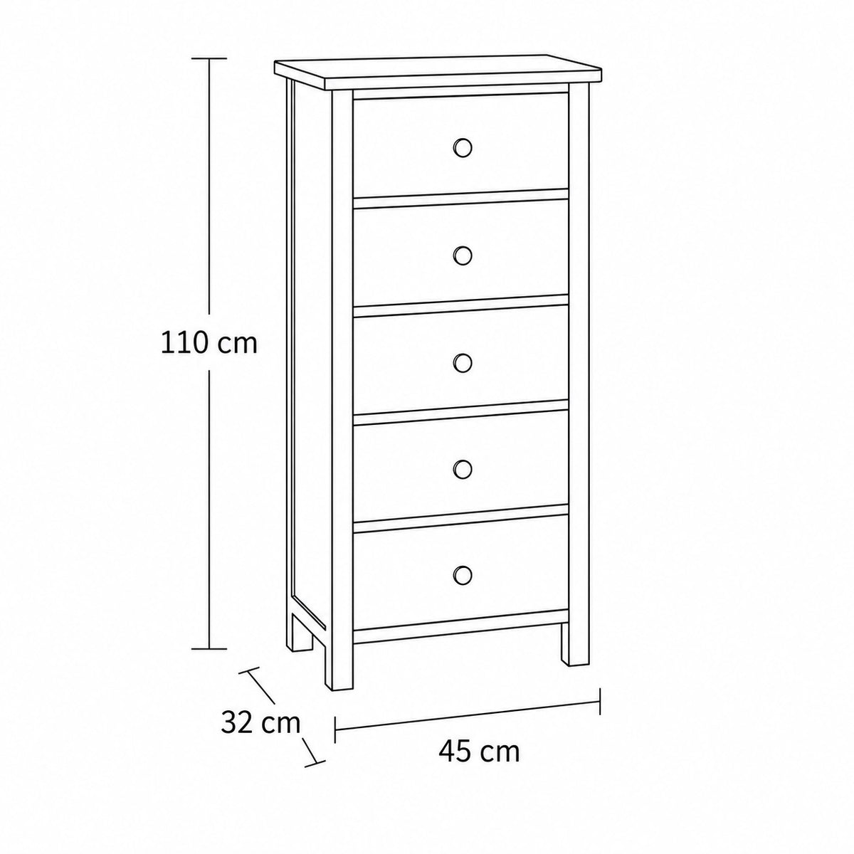 Dimensions de la commode 5 tiroirs en bois : 110 cm de hauteur, 45 cm de largeur et 32 cm de profondeur.