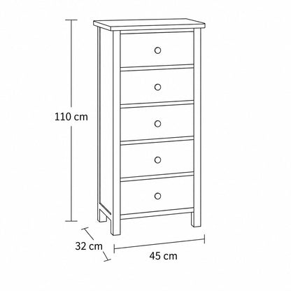 Dimensions de la commode 5 tiroirs en bois : 110 cm de hauteur, 45 cm de largeur et 32 cm de profondeur.