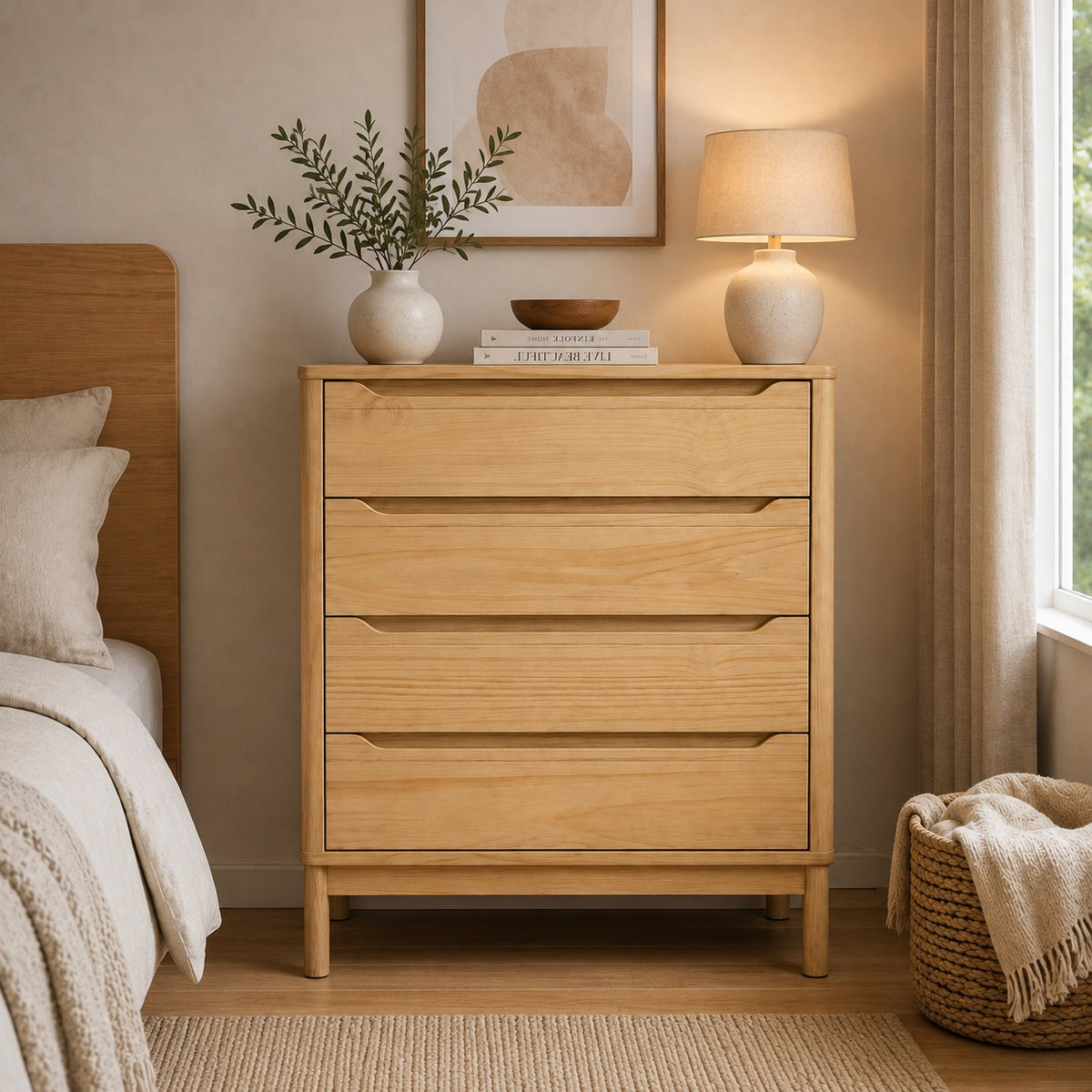 Commode 4 tiroirs en bois Maren vue de face dans une chambre lumineuse au style naturel.