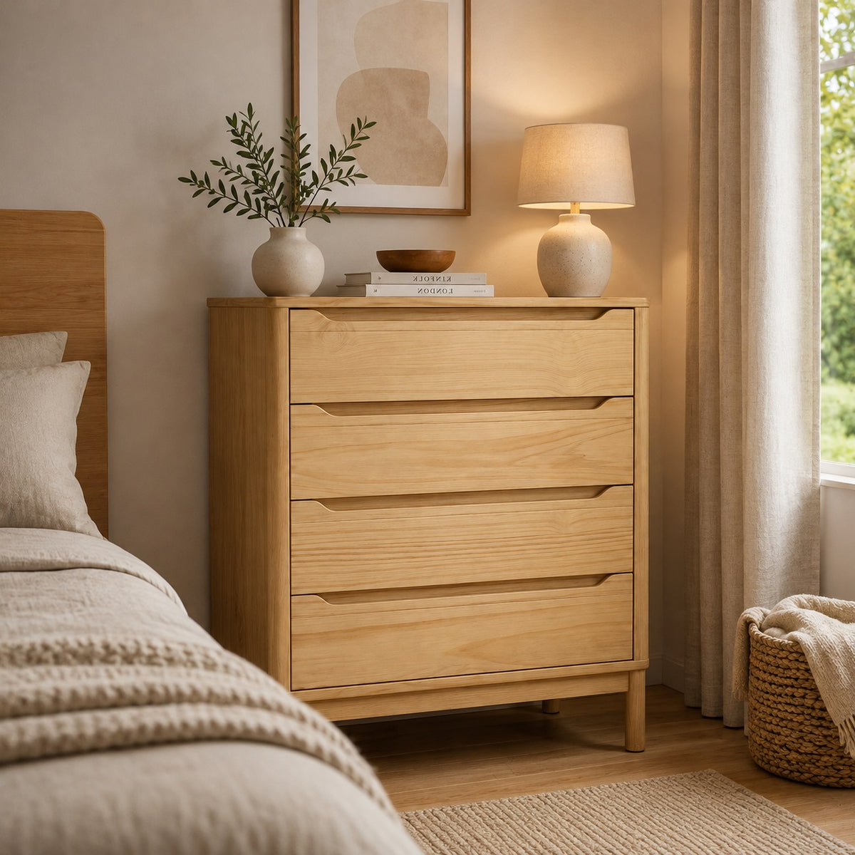 Commode en bois Maren à 4 tiroirs, mise en scène dans une chambre chaleureuse et élégante.