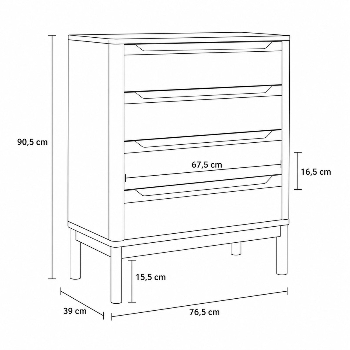 Dimensions de la commode 4 tiroirs en bois Maren : 76,5 cm de large, 90,5 cm de haut et 39 cm de profondeur.