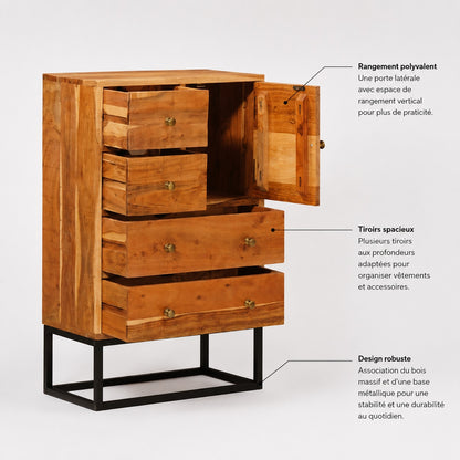 Commode 5 tiroirs en bois ouverte, avec porte latérale, rangements spacieux et structure en métal noir.