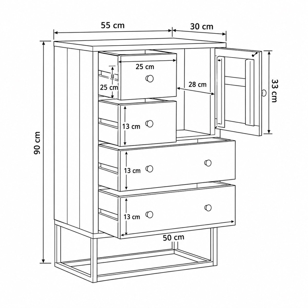 Dimensions de la commode en bois 5 tiroirs avec porte et rangements : 90 cm de hauteur et 55 cm de largeur.