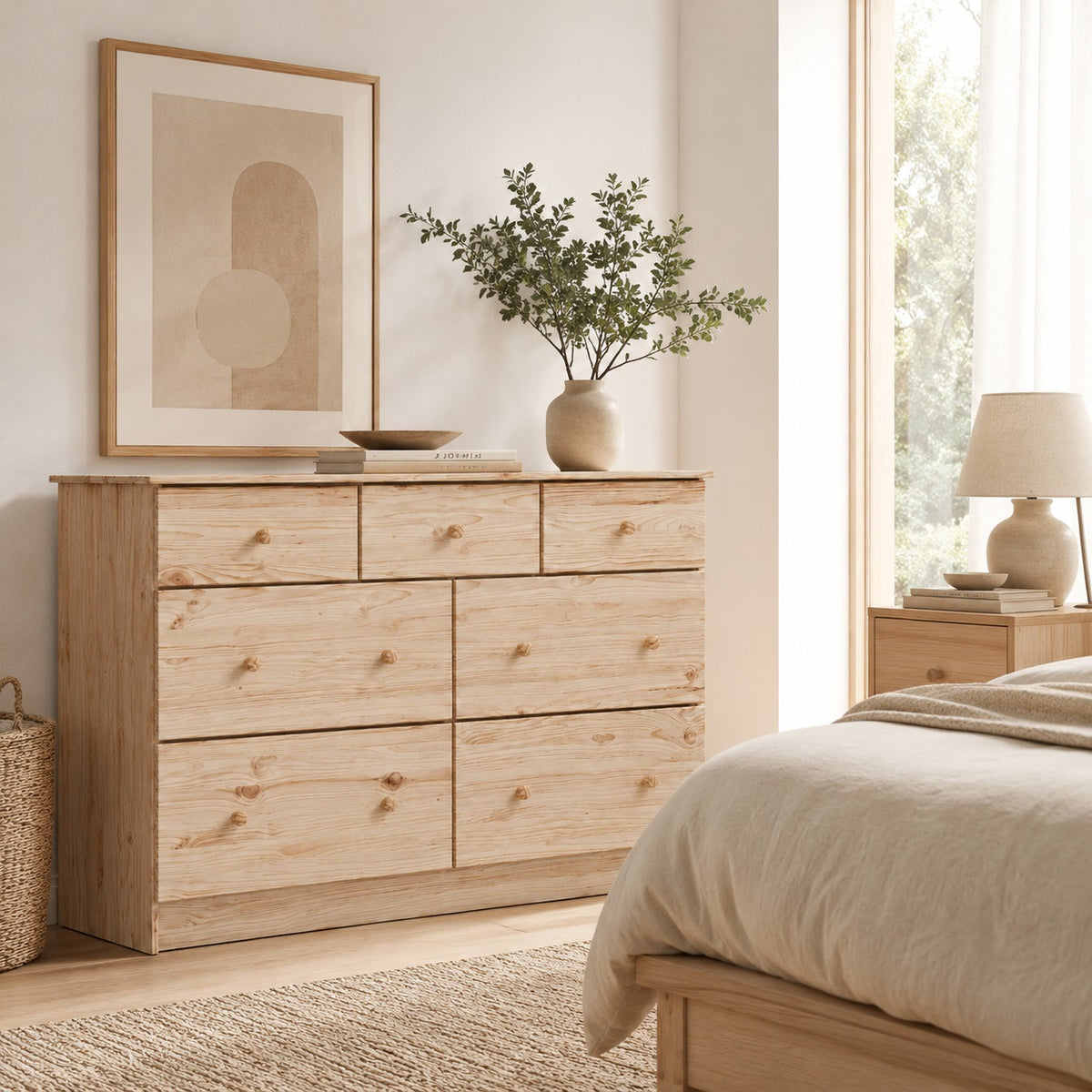 Commode en bois 7 tiroirs intégrée dans une chambre moderne avec décoration naturelle.
