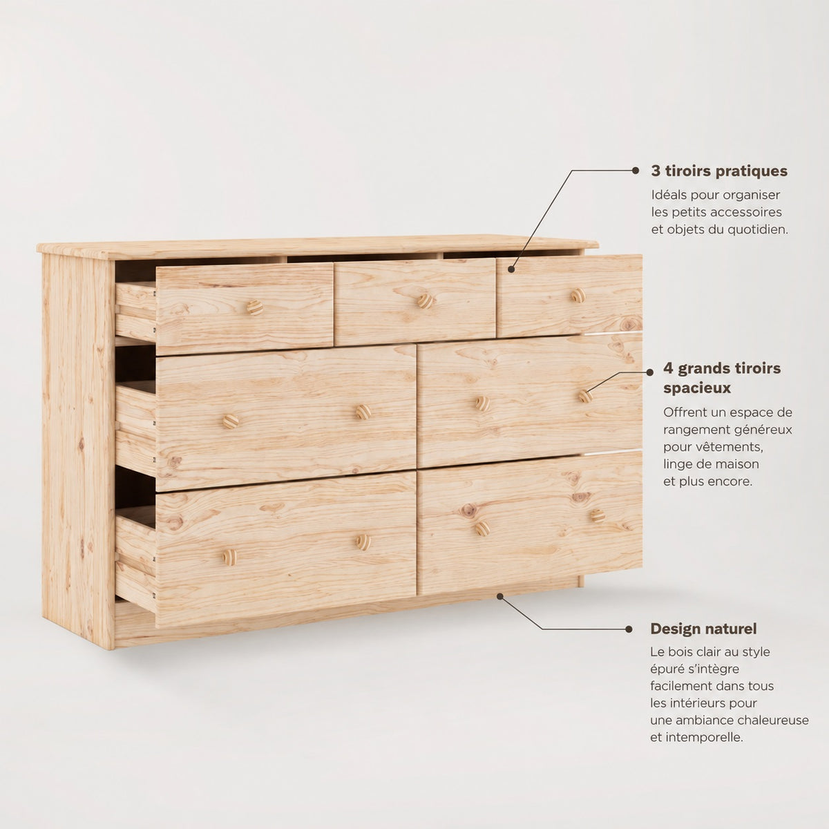 Commode en bois 7 tiroirs avec rangements spacieux et design naturel, vue explicative.