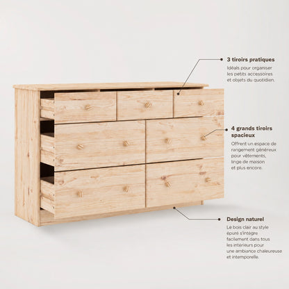 Commode en bois 7 tiroirs avec rangements spacieux et design naturel, vue explicative.