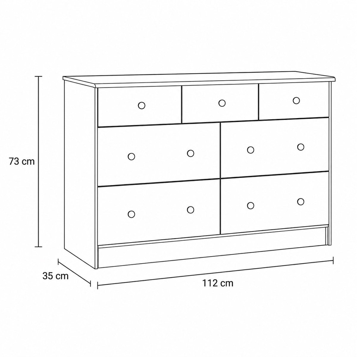 Dimensions de la commode en bois 7 tiroirs : 112 × 35 × 73 cm, dessin technique.